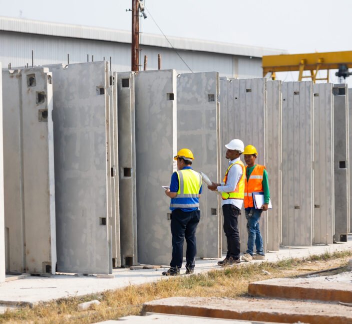 african american architect Engineering man and asian worker in safety hardhat working at precast factory industrial. Heavy Industry Manufacturing Factory. Prefabricated concrete walls