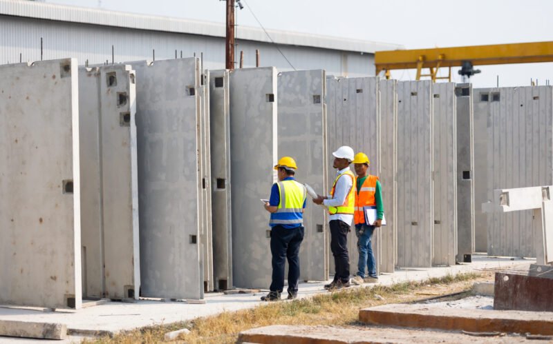 african american architect Engineering man and asian worker in safety hardhat working at precast factory industrial. Heavy Industry Manufacturing Factory. Prefabricated concrete walls